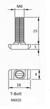 T-Bolt M6X25 With Flange Nut 3030 Series